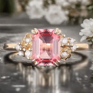 Art Deco Pink Sapphire Flower Design Gemstone Ring Unique Vintage Emerald Cut Pink Sapphire Engagement Ring Wedding Promise Ring For Women