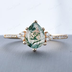Pear Shape 6x9mm Moss Agate Ring Promise Bridal Ring Green Agate Ring 14k Solid Gold Ring Natural Moss Agate Ring Dainty Women Ring