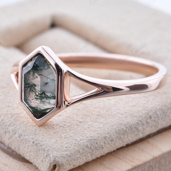 Unique Vintage Bezel Setting Moss Agate Ring Solid 14k Yellow Gold Ring Vintage Hexagon Cut Moss Agate Engagement Ring Promise Bridal Ring