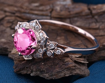 Custom Vintage Oval Natural Pink Tourmaline Engagement Ring Promise Ring Unique Cluster Gold Art Deco Leaf Gemstone Branch Ring Gift For Her