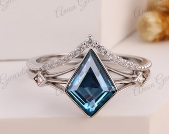 Kite Shape Natural London Blue Topaz Engagement Ring Set vintage 14K White Gold Promise Ring unique moissanite bridal wedding ring set women