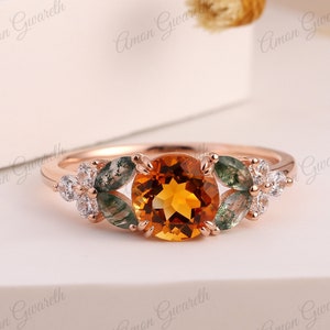 Vintage Round citrine engagement ring nature moss agate ring art deco moissanite ring 18k rose gold branch wedding ring anniversary gift