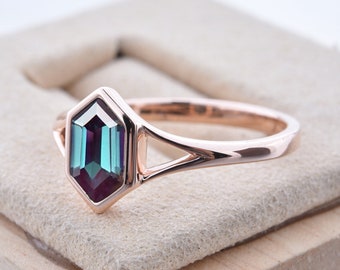 Antique Long Hexagon Cut Alexandrite Ring Solitaire Engagement Ring Unique June Birthstone Split Shank Ring Handmade Art Deco Rose Gold Ring