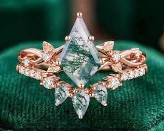 Unique Kite Cut Moss Agate Ring Vintage Engagement Ring Set Solid Rose Gold Green Agate Ring Women Promise Bridal Wedding Ring Set