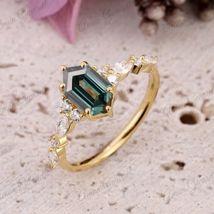 Unique Blue Green Sapphire Ring For Women Hexagon Cut Teal Sapphire Engagement Ring Art Deco Anniversary Bridal Ring Dainty Green Stone Ring