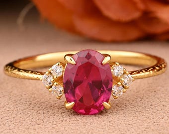 Anillo de compromiso vintage con rubí único, oro macizo de 14 quilates, rubí rojo, piedra natal de julio, delicado anillo de rubí, joyería nupcial hecha a mano.
