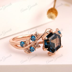 Vintage London Blue Topaz Wedding Ring Hexagon Cut Topaz Engagement Ring Unique Gemstone Bridal Ring Art Deco Leaf Ring Anniversary Ring