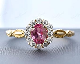 Ovalslipad rosa safir förlovningsring Vintage Halo Moissanit 18k gult guld brudring Unik rosa safir Halo-ring jubileumspresent