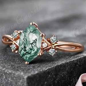 Vintage Moss Agate Engagement Ring 14k Rose Gold Solitaire Ring Unique Hexagon Cut Moss Agate Bridal Promise Ring Anniversary Gift For Her