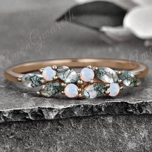 Unique Moss Agate Wedding Band Delicate Marquise Cut Moss Agate Matching Band Vintage Opal Stacking Ring Promise Anniversary Gift For Her