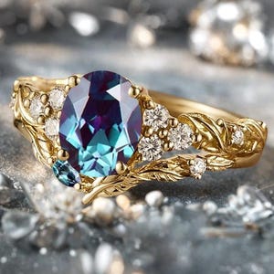 Alexandrite Wedding Ring Set Dainty Oval Shape Alexandrite Ring Gemstone Ring Moissanite Bridal Ring Set Leaf Design Ring Anniversary Gift
