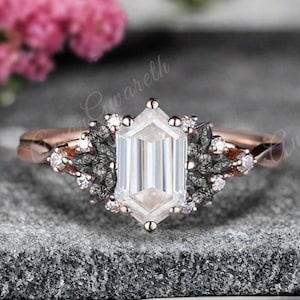 Vintage Hexagon Cut Moissanite Engagement Ring Black Rutilated Quartz Wedding Ring Art Deco Rose Gold Dainty Bridal Ring Anniversary Ring