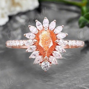Anillo de compromiso vintage con piedra solar en oro rosa de 14 quilates, piedra solar naranja, anillo nupcial con piedra preciosa única para mujer, halo de moissanita, regalo de promesa para ella