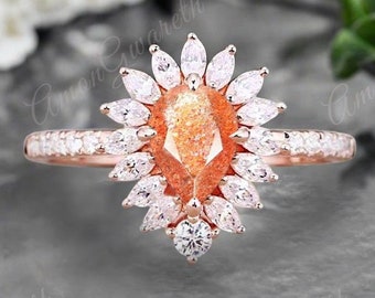 Vintage Sunstone Engagement Ring 14K Rose Gold Orange Sunstone Unique Gemstone Bridal Ring For Women Moissanite Halo Promise Gift For Her