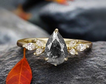 Vintage Natural Herkimer Diamond Ring Solid 14k Gold Ring Unique Pear Cut Salt & Pepper Diamond Engagement Ring Promise Anniversary Gift