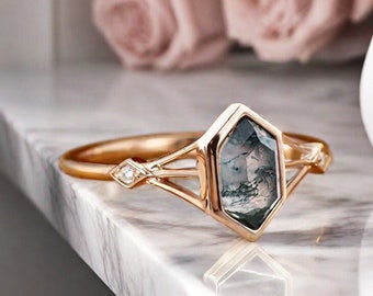 Unique Vintage Bezel Setting Moss Agate Ring Solid 14k Yellow Gold Ring Vintage Hexagon Cut Moss Agate Engagement Ring Promise Bridal Ring