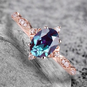 Alexandrite Ring Dainty Ring Oval Cut Alexandrite Engagement Ring Art Deco Alexandrite Ring June Birthstone Ring Promise Ring Gift For Her