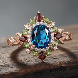 May include: Rose gold ring featuring an oval, deep blue gemstone at the center, surrounded by smaller white, green, and red gemstones. The ring has a detailed, ornate design with a floral motif. The ring is set on a wooden surface.
