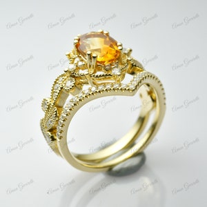 Edwardian Citrine Wedding Ring Set Anniversary Ring  14K Solid Gold 0.92Ct Oval Citrine Solitaire Ring Custom Gemstone Ring Set Bridal Sets