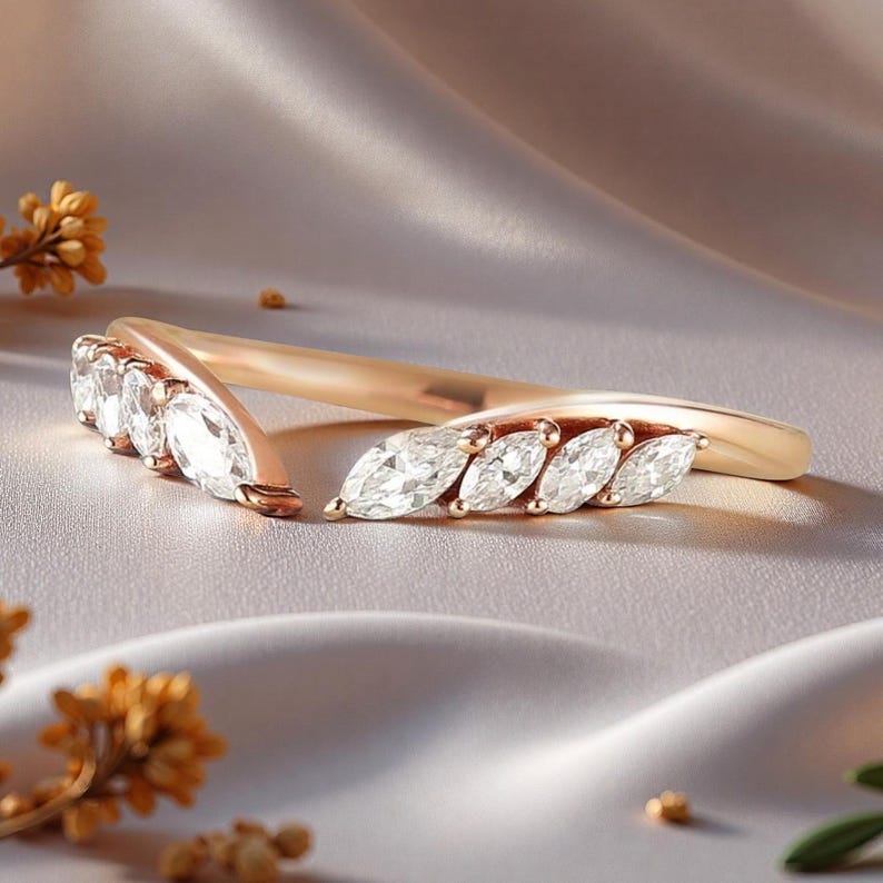 Marquise Moissanite Rose Gold Wedding Band, Half Eternity Stacking Ring ...