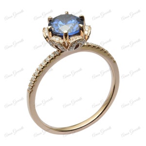 Edwardianischer Tansanit - 14K Roségold Solitär-Ringe mit 2,38 Karat Rundschliff Tansanit-Mittelstein und Moissanite-Akzentstein-Ring