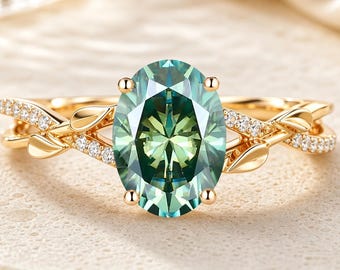 Unique Vintage Oval Green Moissanite Leaf Ring 14k Yellow Gold Ring Oval Cut Green Moissanite Engagement Ring Promise Wedding Bridal Ring
