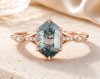 Unique Moss Agate Ring Solid 14k Rose Gold Ring Vintage Hexagon Cut Green Moss Agate Engagement Ring Moissanite Promise Anniversary Gift