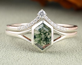 Unique Long Hexagon Cut Moss Agate Wedding Ring Set 14K Solid Gold Ring Unique Bridal Ring Set Handmade Art Deco Green Agate Stackable Ring