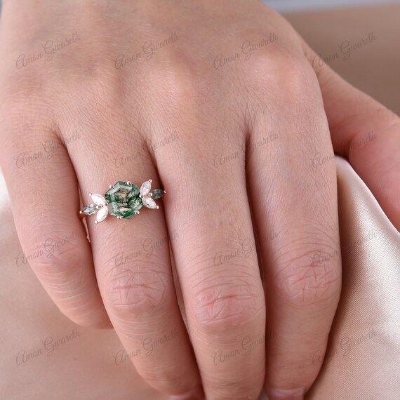 Vintage Green Agate Wedding Ring Hexagon Cut Moss Agate