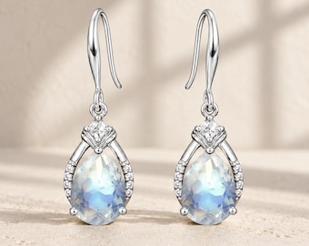 Unique Moonstone Earrings Jewelry Set Art Deco Blue Moonstone Hoop Earrings Wedding Bridal Set Pendant Necklace Gift for Her
