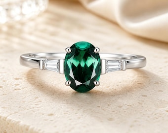 Unique Emerald Ring Solid 14k Rose Gold Ring Vintage Oval Cut Green Emerald Engagement Ring Moissanite Promise Anniversary Gift