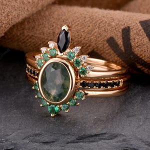 Natural Moss Agate Wedding Ring Set  Green Stone Ring Handmade 3PC Bridal Ring Set Oval 1.5CT Moss Agate Engagement Ring Anniversary Gift