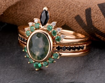 Natural Moss Agate Wedding Ring Set  Green Stone Ring Handmade 3PC Bridal Ring Set Oval 1.5CT Moss Agate Engagement Ring Anniversary Gift