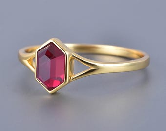 Ruby Ring Vintage Bezel Setting Ruby Ring Solid 14k Yellow Gold Ring Solitaire Ring Unique Hexagon Cut Ruby Engagement Ring Anniversary Gift