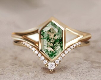 Unique Long Hexagon Cut Moss Agate Wedding Ring Set 14K Rose Gold Ring Unique Bridal Ring Set Handmade Art Deco Green Agate Stackable Ring