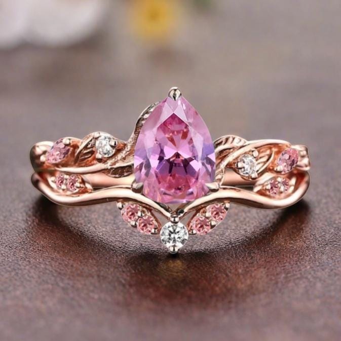 Oval Cut Pink Sapphire Engagement Ring Set Vintage Rose Gold Unique Cluster Leaf Nature Inspired Moissanite Bridal Wedding Promise Ring Set