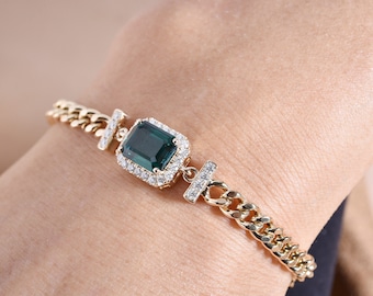 Unique Vintage Emerald Bracelet 18K Yellow Gold Rectangle Bracelet For Her Dainty Emerald Bracelet May Birthstone Jewelry Mother's Day Gift