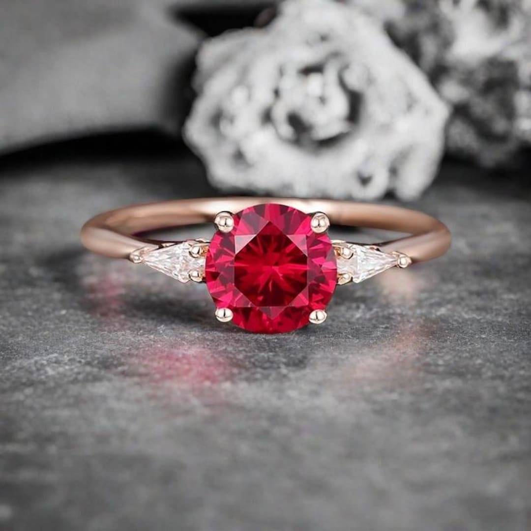 Ruby Ring Vintage Round Cut Ruby Ring Solid 14k Rose Gold Ring Three ...