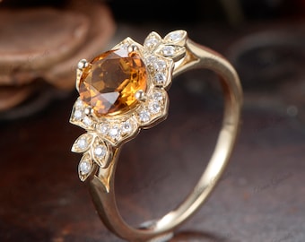 Unique Vintage Edwardian Citrine flower-de-luce 14K Solid Gold Citrine Ring Solitaire Ring Round Cut Champagne Citrine Anniversary Ring