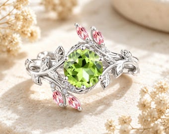 Vintage Round Cut Peridot Engagement Ring 14k Yellow Gold Ring Peridot Bridal Ring Pink sapphire Ring Promise Anniversary ring