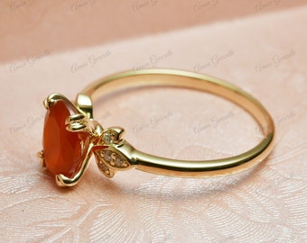 Anillo de compromiso solitario antiguo de oro macizo de 14 quilates con ágata roja, hecho a mano. Anillo nupcial único, anillo de promesa, anillo de aniversario.