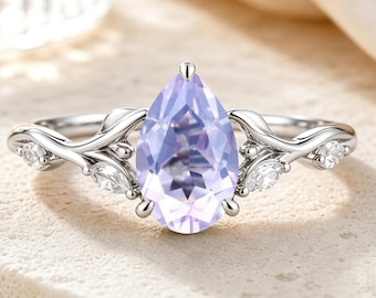 Vintage Lavender Amethyst Leaf Ring Unique Pear Cut Lavender Amethyst Engagement Ring Wedding Promise Ring