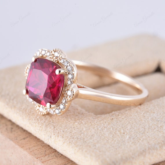 Edwardian Ruby Ring Vintage Unique 14K Solid Gold Solitaire Rings July Birthstone Ring Cushion Cut Ruby Gemstone Ring Personalized Jewelry