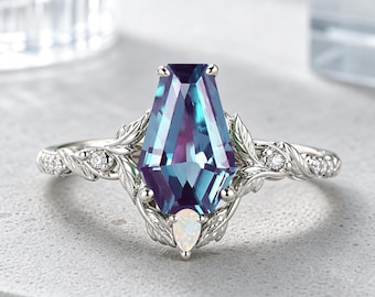 Unique Vintage Coffin Alexandrite Engagement Ring Natural Marquise Cut Alexandrite Ring Opal Wedding Promise Ring For Women