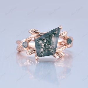 Kite shaped Moss agate engagement ring Vintage Rose gold ring Leaf ring Round cut Moss agate ring nature inspired ring promise ring for her