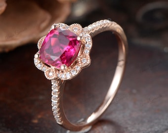 Edwardian Ruby 14K Solid Gold Solitaire Rings Vintage Unique Cushion Cut Ruby Ring Custom Red Stone Wedding Ring Promise Ring Gift For Her
