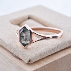 Vintage Bezel Setting Moss Agate Ring Solid 14k Yellow Gold Ring Solitaire Ring Hexagon Cut Moss Agate Verlovingsring Verjaardagscadeau