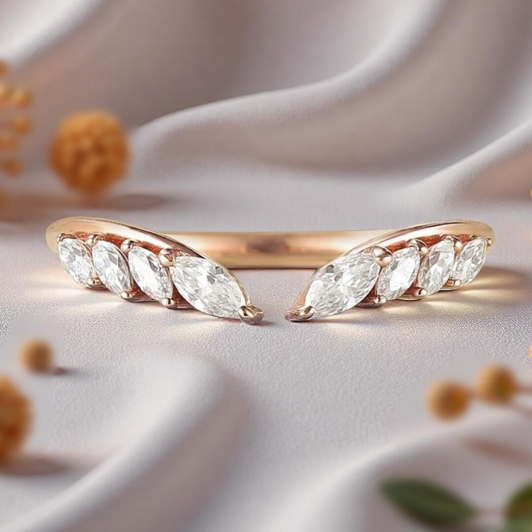 Marquise Moissanite Rose Gold Wedding Band, Half Eternity Stacking Ring ...