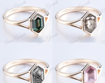 Bezel Setting Blue-green Sapphire Ring Solid Gold Ring Solitaire Ring Hexagon Moss Agate Ring London Blue Topaz Engagement Ring Anniversary