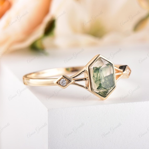 Unique Vintage Bezel Setting Moss Agate Ring Solid 14k Yellow Gold Ring Vintage Hexagon Cut Moss Agate Engagement Ring Promise Bridal Ring
